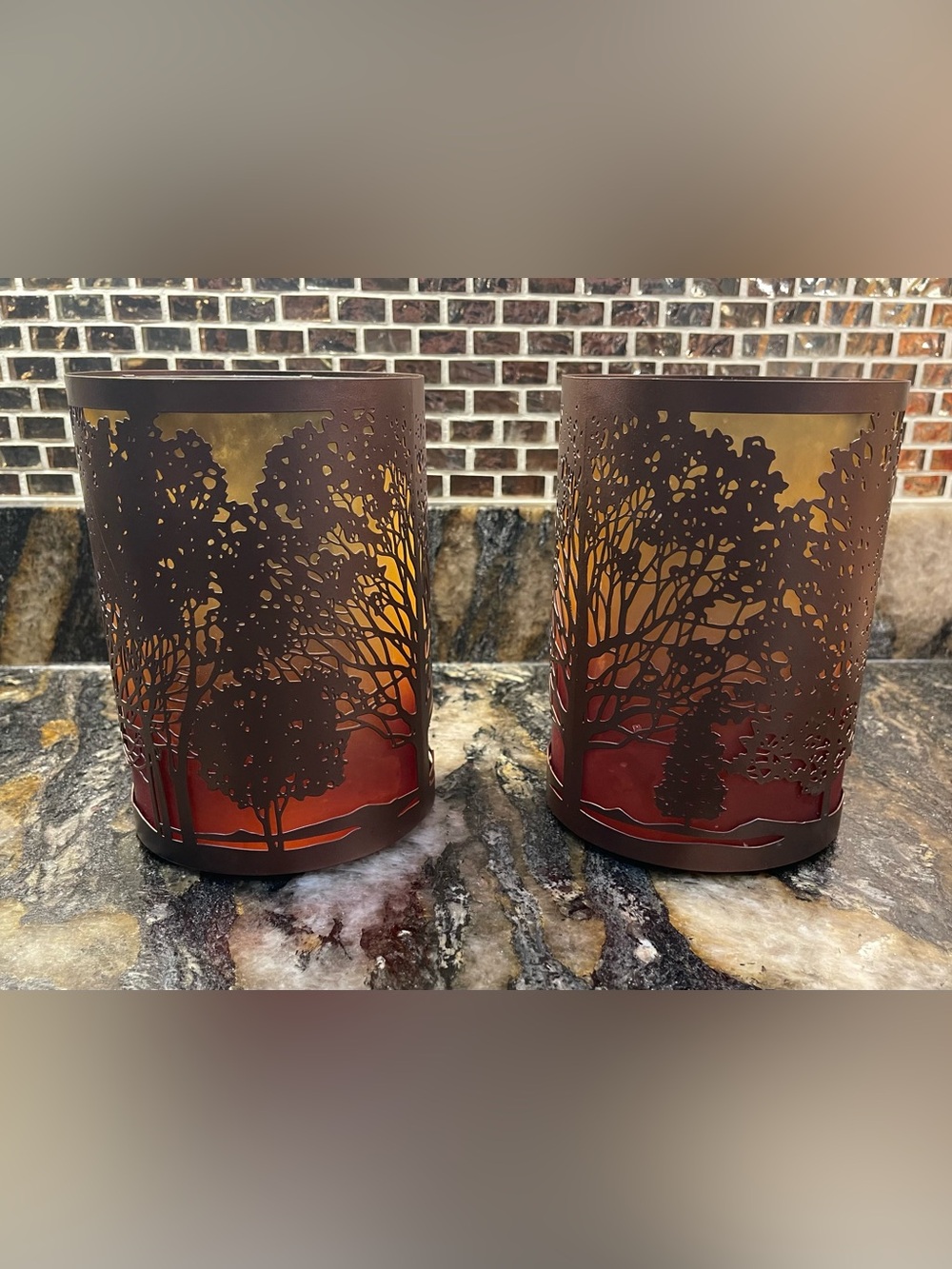 Yankee Candle Co Candle Holders Amber Glow TREES Ombré Glass & Bronze Metal 7x5”